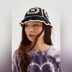Urban Outfitters Bella Granny Square Crochet Bucket Hat Black + White OS